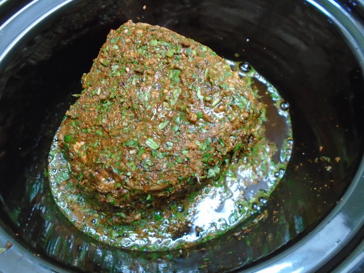 Pour 100ml beef broth & 100ml Mexican beer into the bottom of the slow cooker around the meat and cook on high for 4 hours