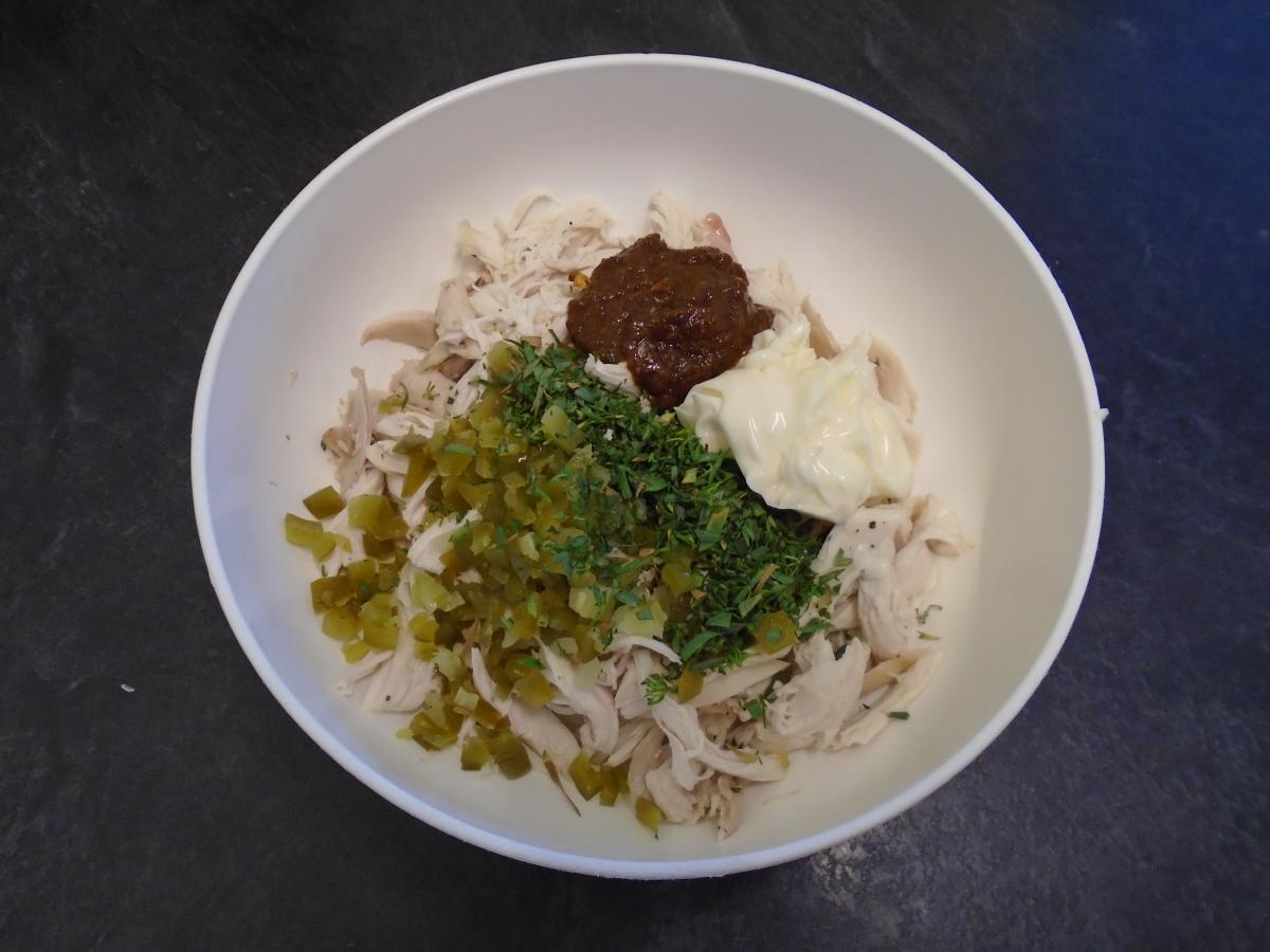 Add the tarragon, jalapeños, 3 tbsp mayo & 3 tsp chipotle paste to the shredded chicken
