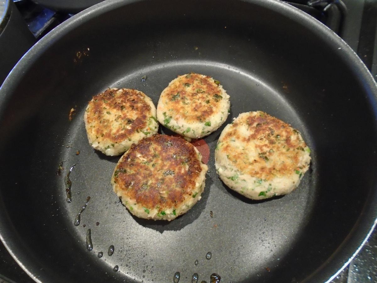 Put fishcakes in fridge for at least half an hour to firm up before cooking them in the frying pan until golden