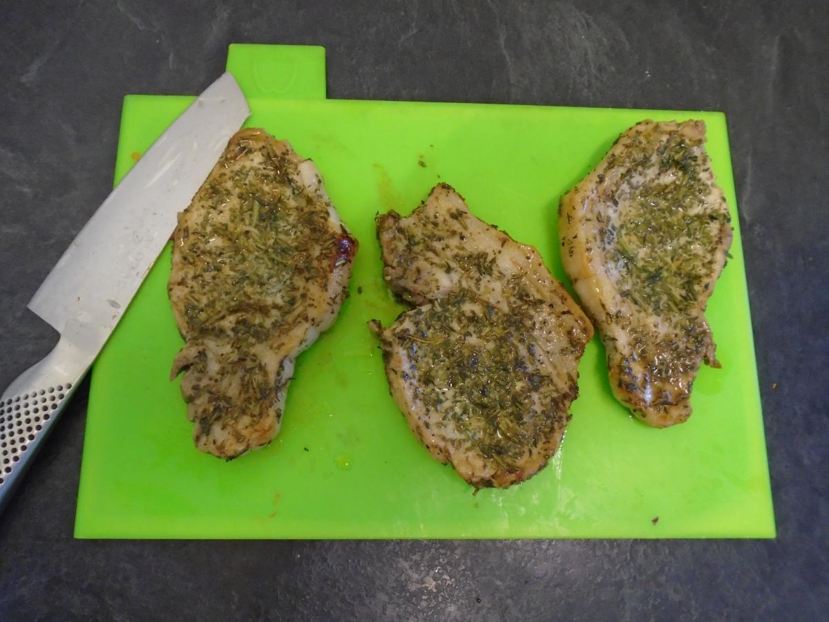 When golden & cooked through, remove the pork from the pan and leave to rest