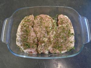 Cover both sides of 3 pork loin steaks in the chopped herbs and salt & pepper, and drizzle with ½ tbsp oil