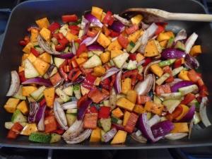 Cut 200g butternut squash, 300g courgette, 200g red pepper into rough chunks, 2 large red onions into eights and combine with 3 tbsp balsamic vinegar, ½ tbsp oil and season