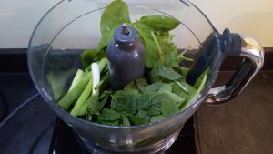 Add 3 quartered spring onions; 150g spinach; ¾ of a large handful mint leaves; s & p to food processor