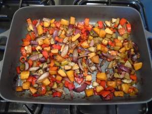 Roast the veg at 180°C for 25–30 mins (turning everything a few times)