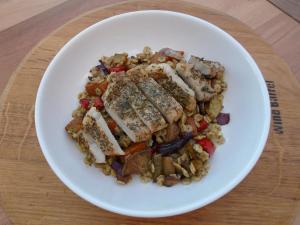 Slice the pork and serve on a bed of roasted veggie, pesto pasta