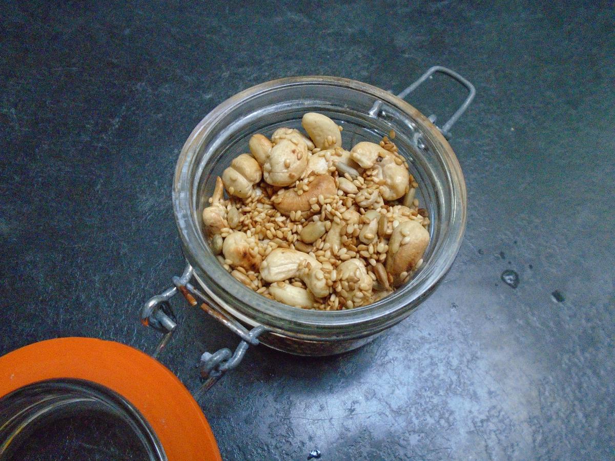 Toast 50g cashews with 2 tbsp sesame seeds and 1 tbsp sunflower seeds, tossing until golden