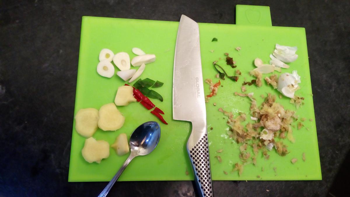 Peel and roughly chop 1 thumb-sized piece of ginger & 2 garlic cloves and deseed 2 chillies