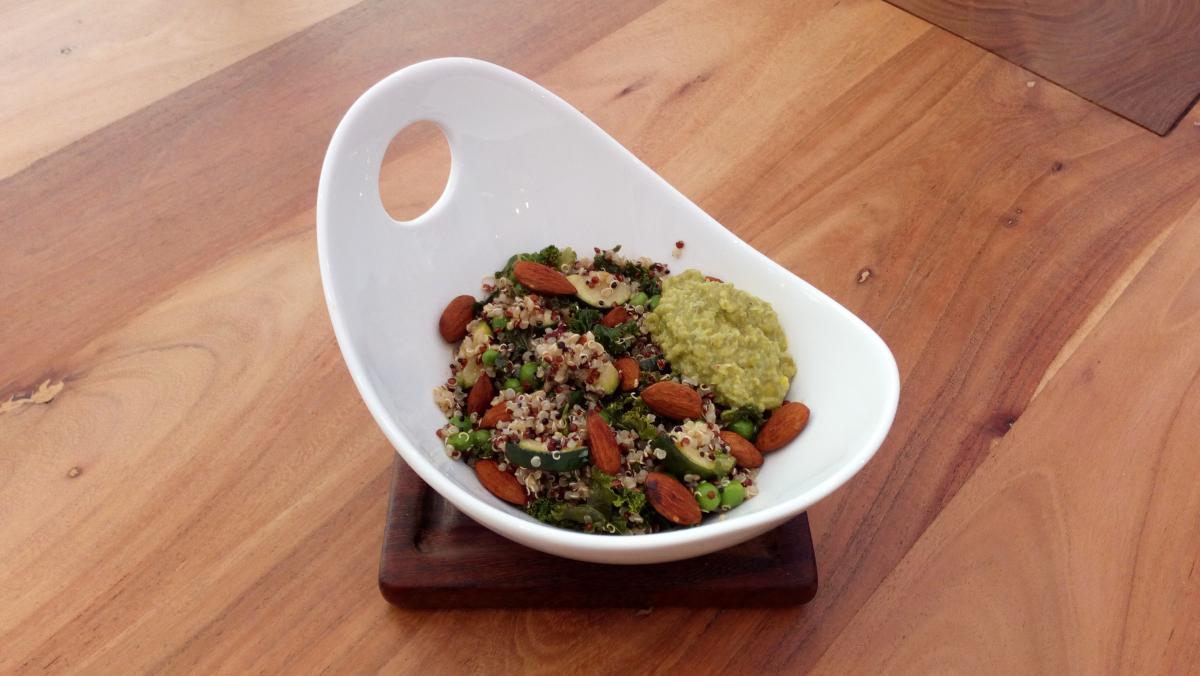 Serve everything up with a big dollop of pea purée and a handful of almonds